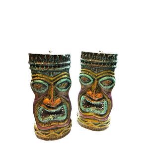 Tiki Head Candle Set - Hand-Painted Tribal Design - Set Of 2